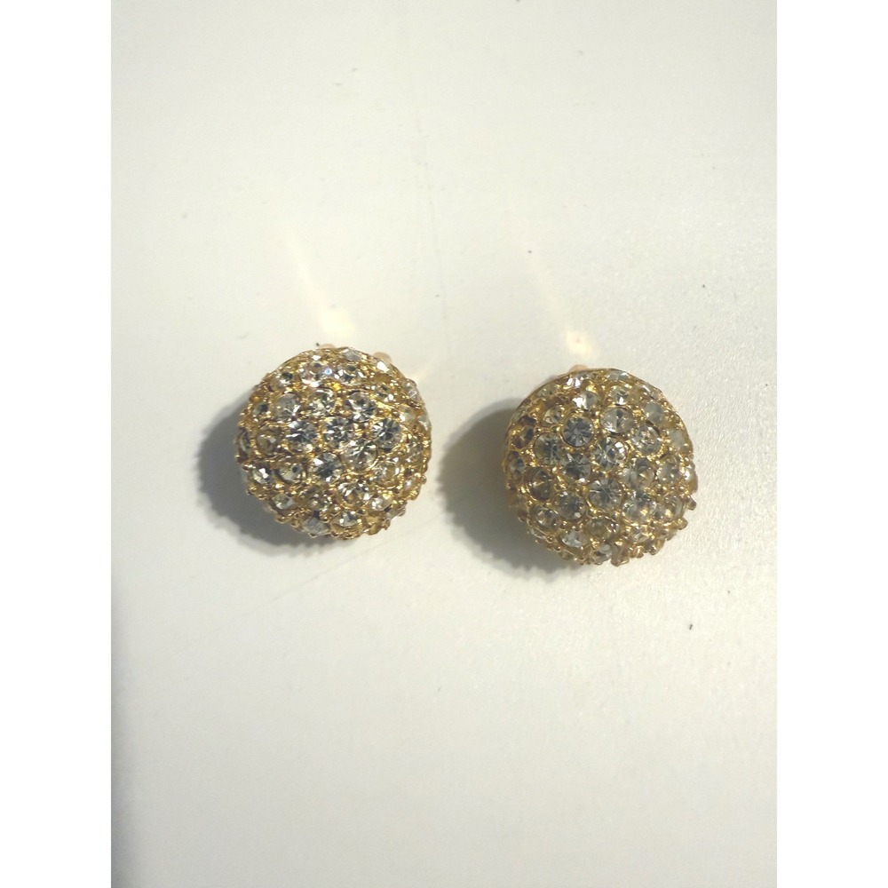 Vintage Hattie Carnegie Gold Tone Rhinestone Dome Clip On Earrings Signed